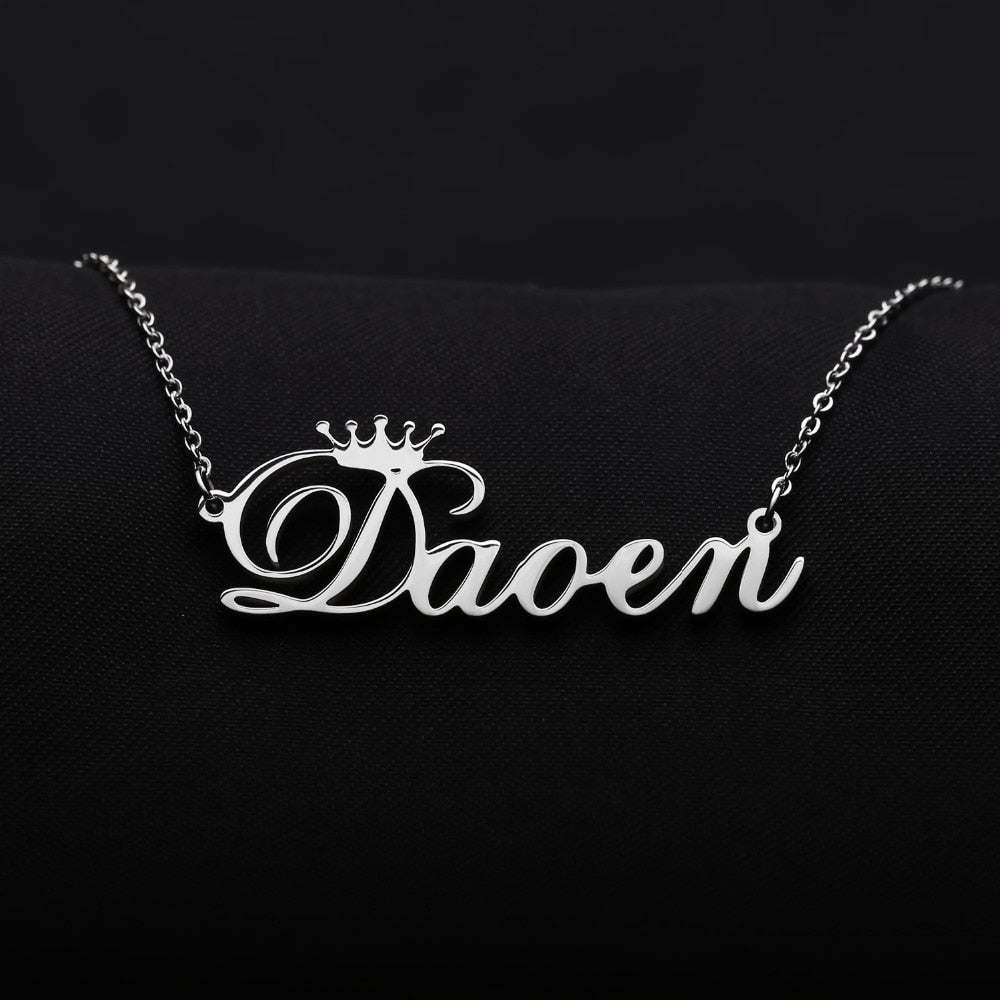 Cursive Crown Name Customized Personalized Nameplate Necklace - The Jewellery House
