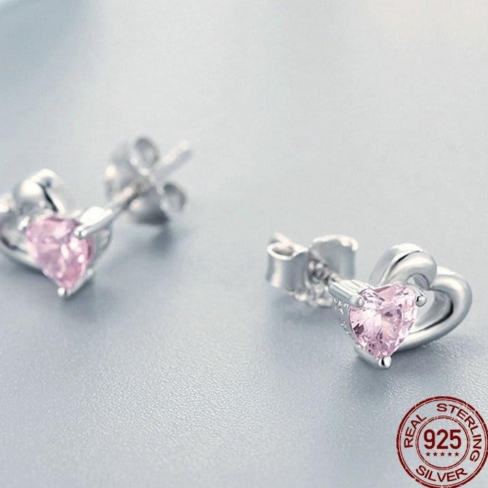 Silver Double Shape CZ Romantic Pink Heart Stud Earrings - The Jewellery House