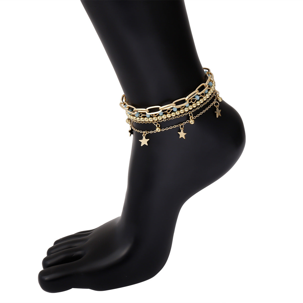 Fashion All-Match Cross Hollow Multi-Layer Foot Ornaments Women'S Simple Multiple Stars And Round Bead Anklets