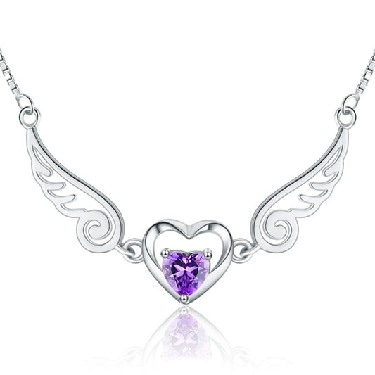 Angel Wings Necklace Pure Silver 925 Jewelry Romantic Purple Crystal Heart Necklaces For Women Sterling-Silver-Jewelry Necklace
