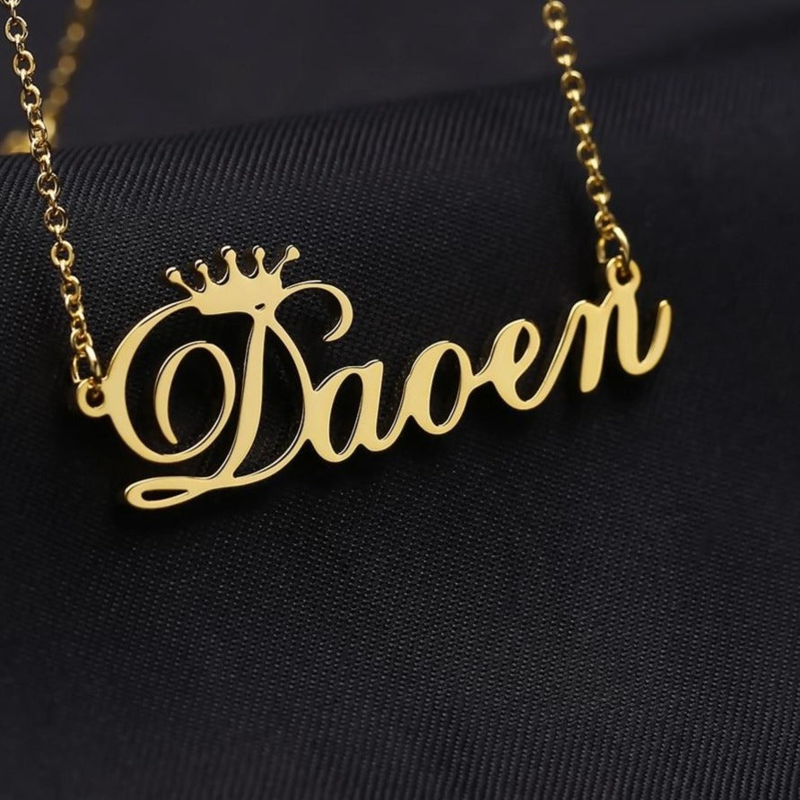 Cursive Crown Name Customized Personalized Nameplate Necklace - The Jewellery House