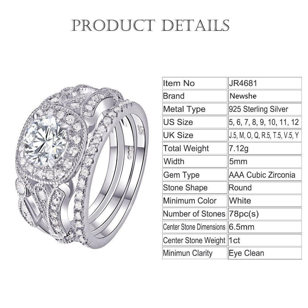 3 Pcs 1Ct Wedding CZ Ring Sets - the jewellery house