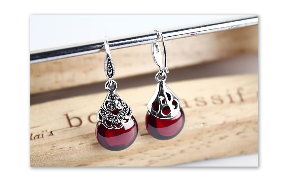 Round Garnet Drop Ruby Earrings Silver - The Jewellery House