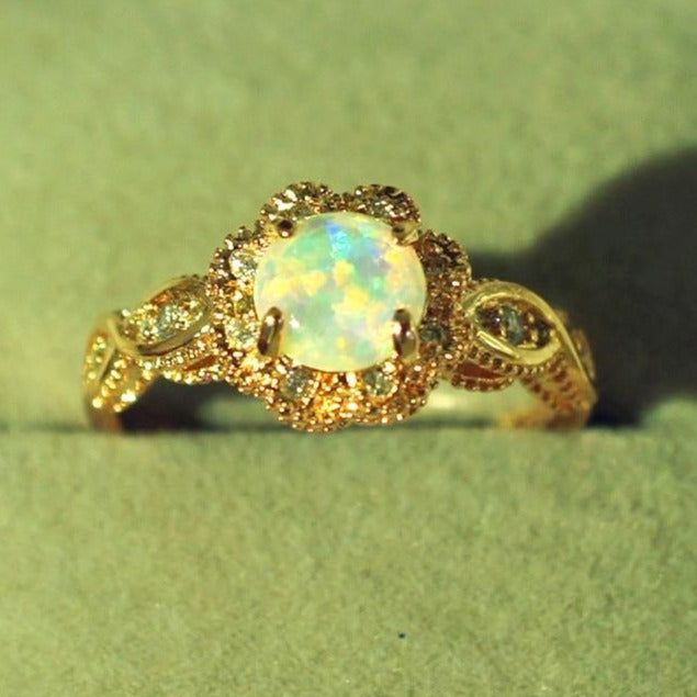 Vintage Australian Crystal Golden Engagement Opal Flower Ring - The Jewellery House