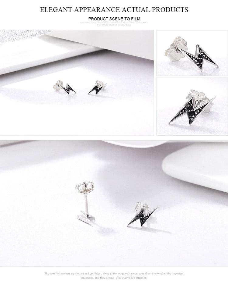 Black Stud Lightning Earrings Silver - The Jewellery House