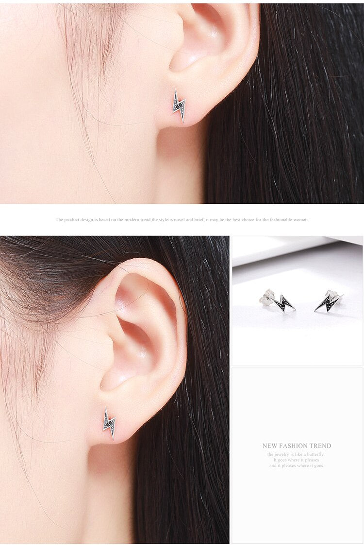 Black Stud Lightning Earrings Silver - The Jewellery House