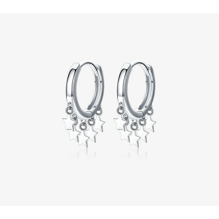 Silver Stars Tassel Earrings Hoop - The Jewellery House