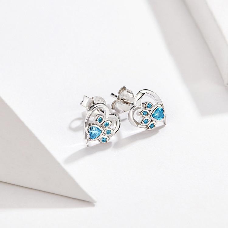 Footprint Heart Blue Zircon Silver Dog Earrings - the jewellery house