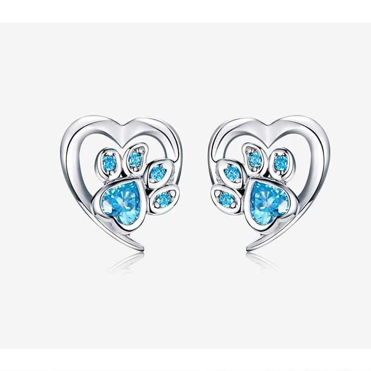 Footprint Heart Blue Zircon Silver Dog Earrings - the jewellery house - the jewellery house