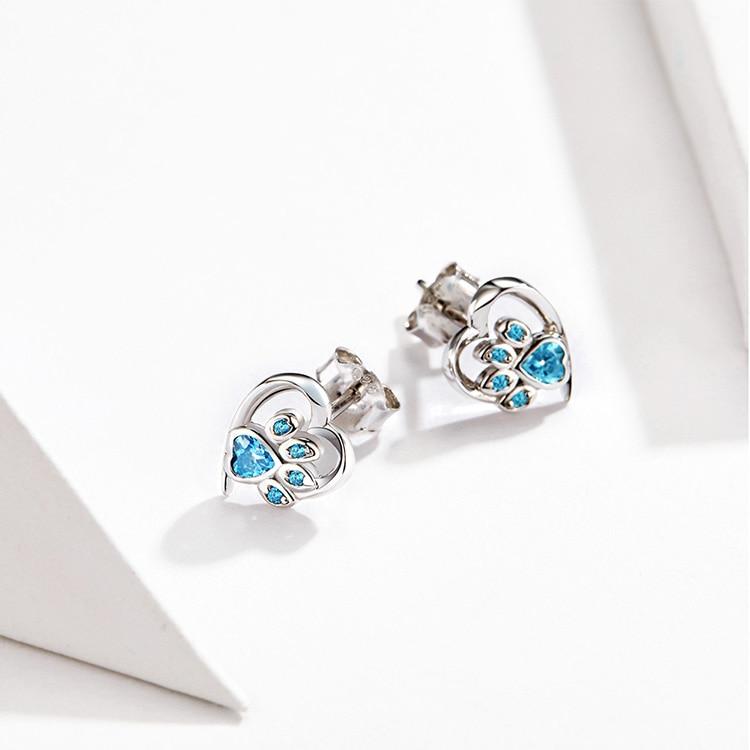 Footprint Heart Blue Zircon Silver Dog Earrings - the jewellery house - the jewellery house