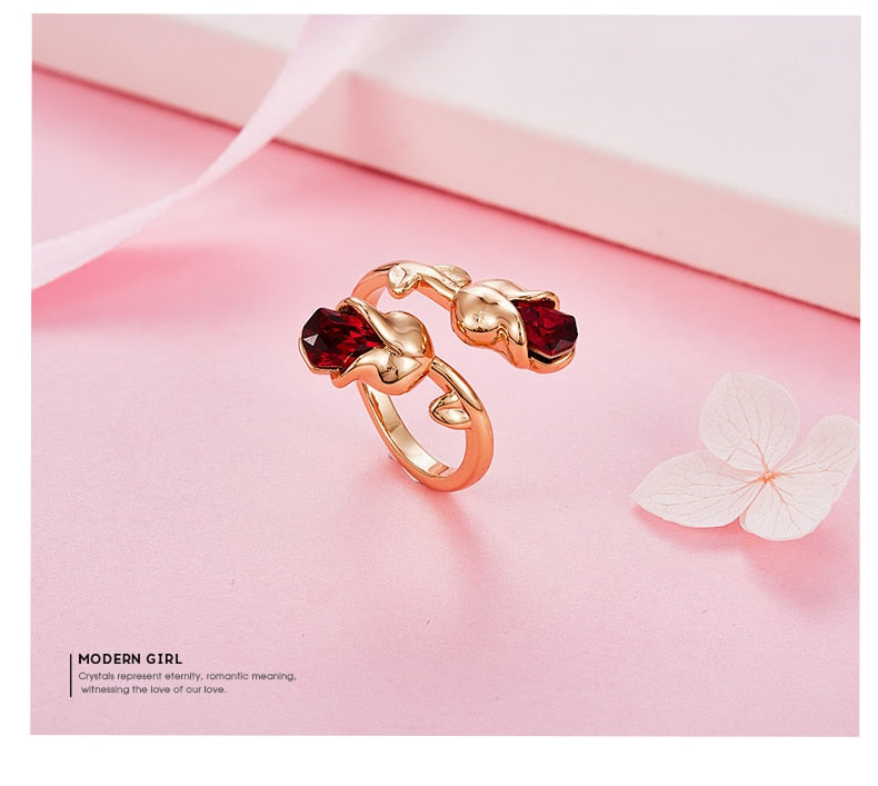 Light Siam Crystals Rose Flower Ring - The Jewellery House