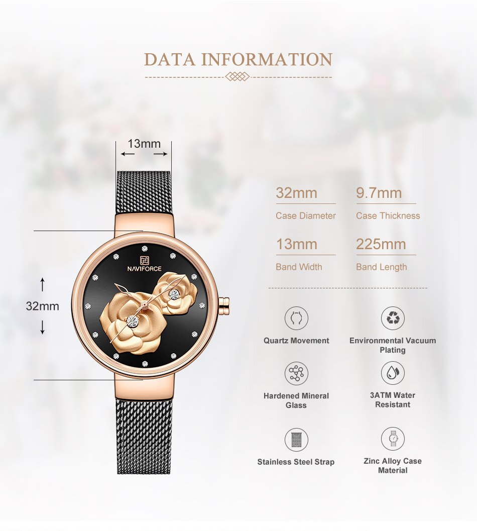 NAVIFORCE 3D Rose Fashion Ladies Watches for women - the jewellery house