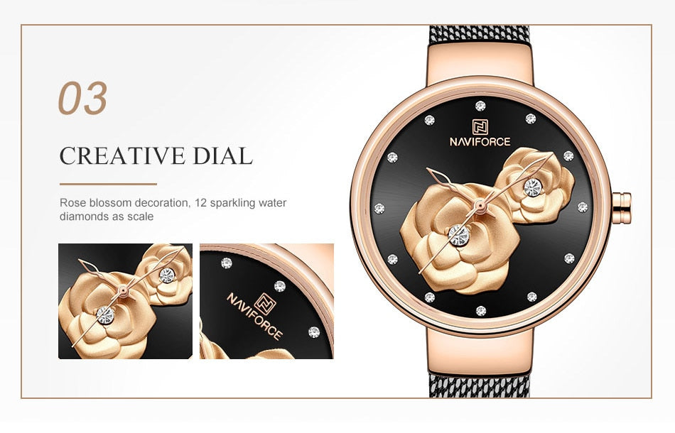 NAVIFORCE 3D Rose Fashion Ladies Watches for women - the jewellery house