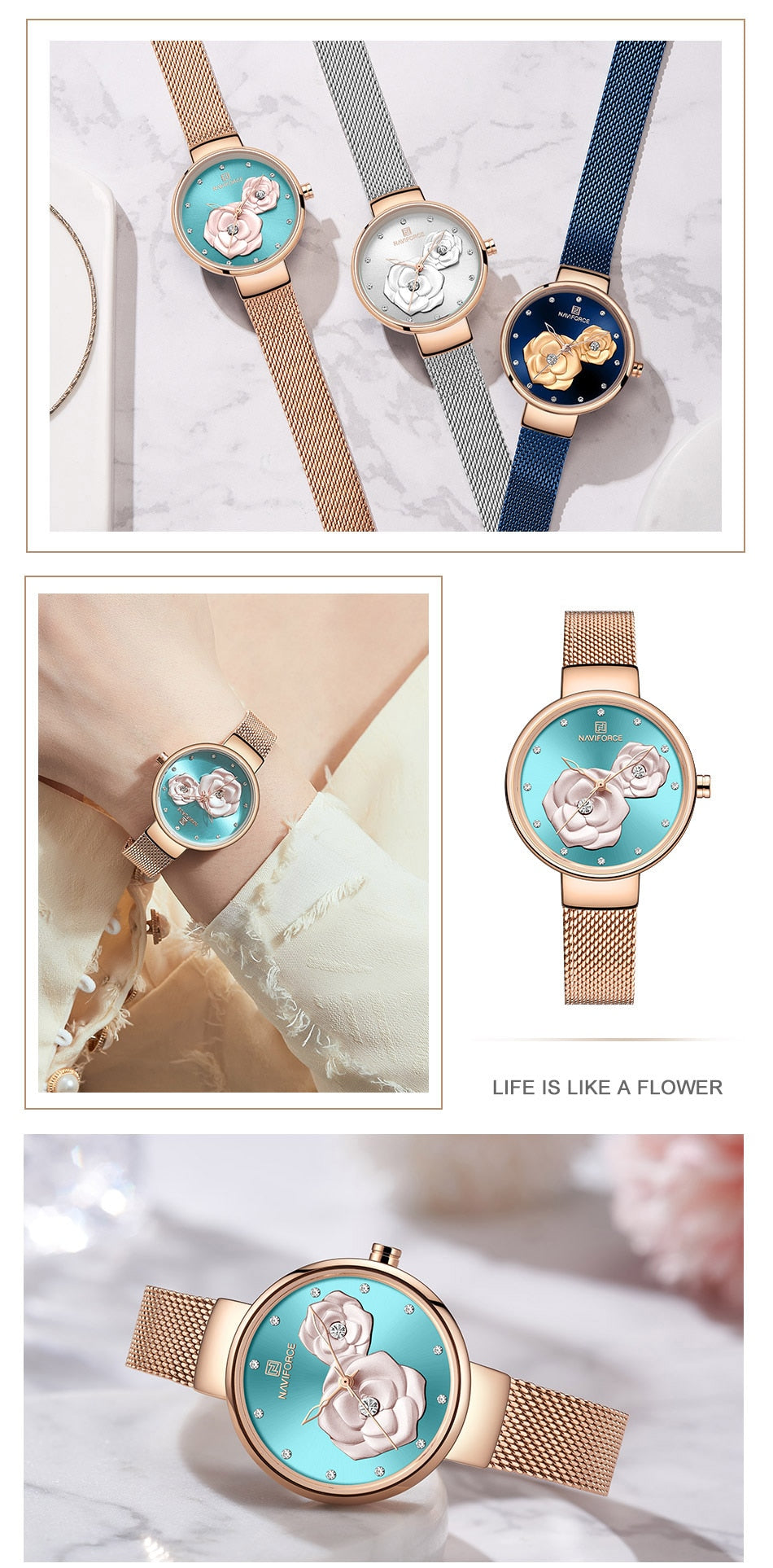 NAVIFORCE 3D Rose Fashion Ladies Watches for women - the jewellery house
