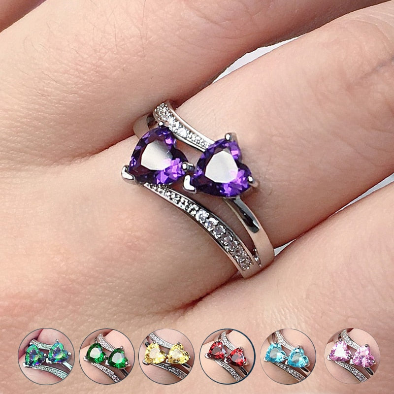 Zircons Double Heart Silver Ring - the jewellery house