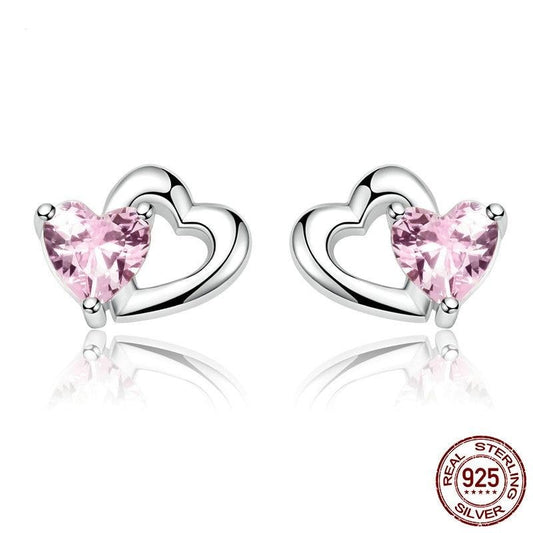 Silver Double Shape CZ  Romantic Pink Heart Stud Earrings - The Jewellery House