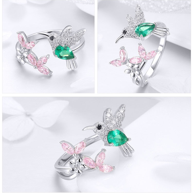 Silver Hummingbird Luminous Pretty Finger Rings - The Jewellery House