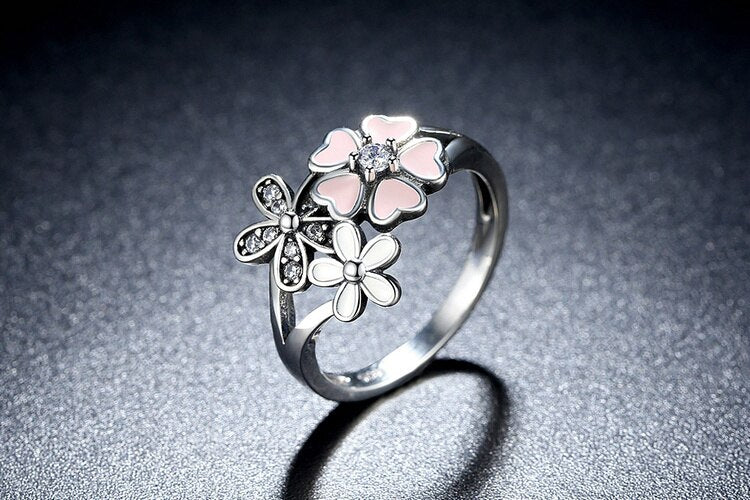 Silver Poetic Cherry Blossom Wedding Rings - The Jewellery House