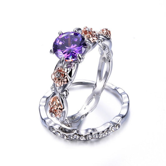 2Pcs Crystal Purple Stainless Steel Silver Ring - the jewellery house