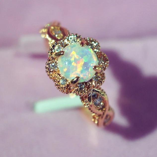 Vintage Australian Crystal Golden Engagement Opal Flower Ring - The Jewellery House