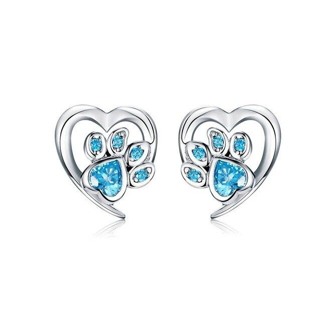 Footprint Heart Blue Zircon Silver Dog Earrings - the jewellery house - the jewellery house