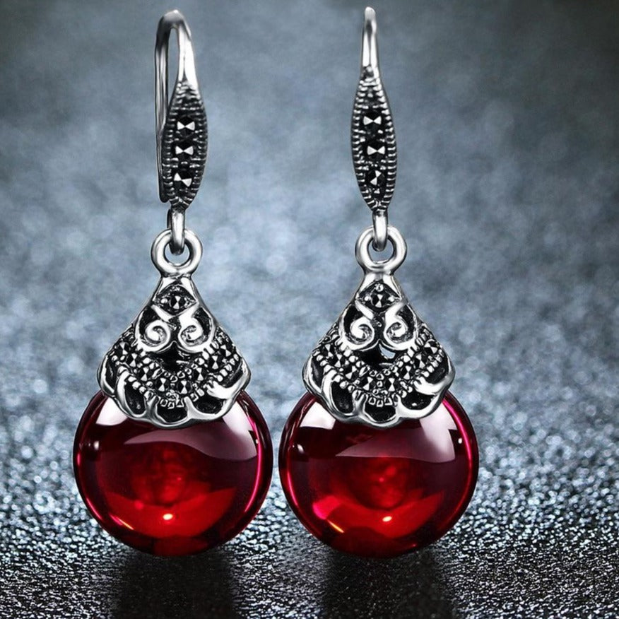 Round Garnet Drop Ruby Earrings Silver - The Jewellery House