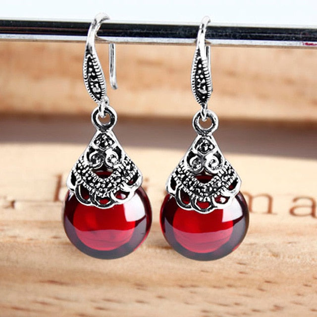 Round Garnet Drop Ruby Earrings Silver - The Jewellery House