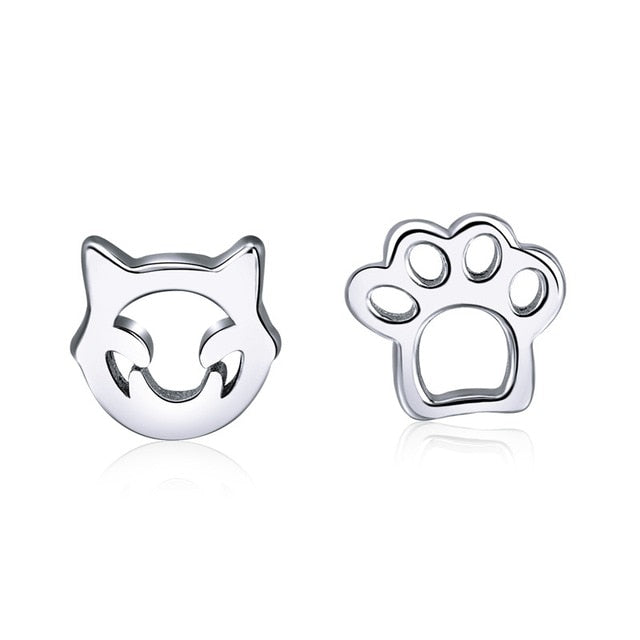 Silver Cat and paw Stud Earrings - The Jewellery House