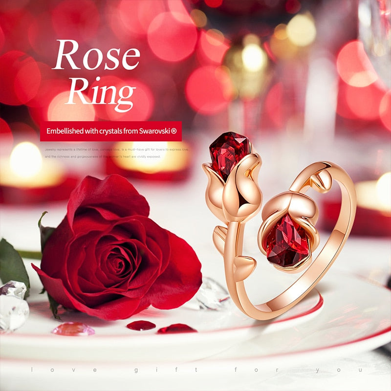 Light Siam Crystals Rose Flower Ring - The Jewellery House