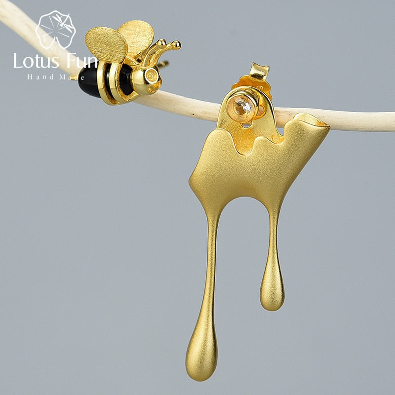 Silver Bee and Dripping Honey Stud Handmade Jewelry Earrings - The Jewellery House