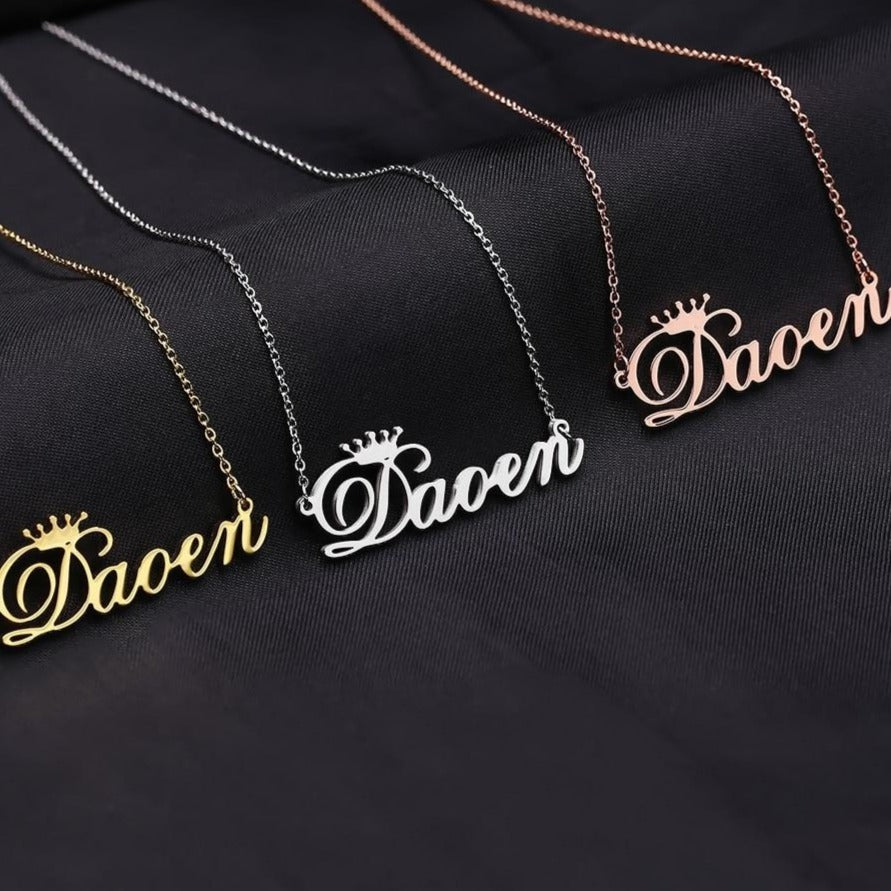 Cursive Crown Name Customized Personalized Nameplate Necklace - The Jewellery House