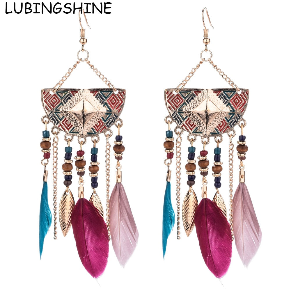 Long Bohemian Style Hanging Drop Leaf Colorful Feather Earrings - the jewellery house