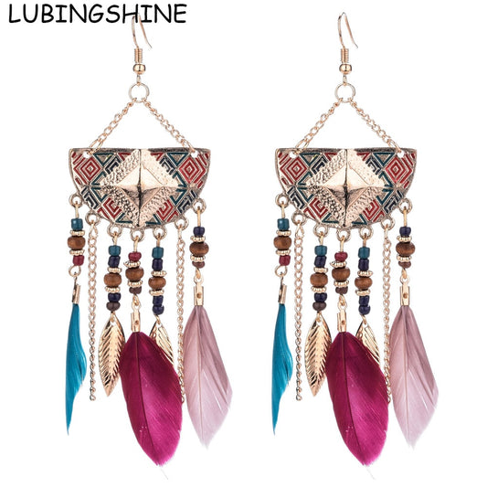 Long Bohemian Style Hanging Drop Leaf Colorful Feather Earrings - the jewellery house