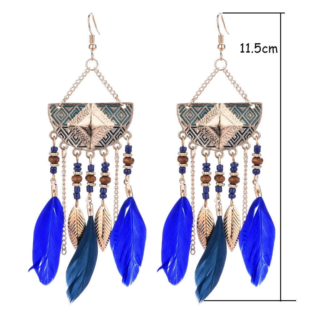 Long Bohemian Style Hanging Drop Leaf Colorful Feather Earrings - the jewellery house