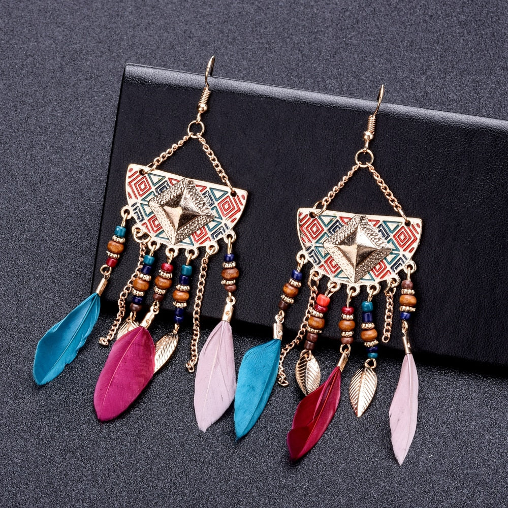 Long Bohemian Style Hanging Drop Leaf Colorful Feather Earrings - the jewellery house