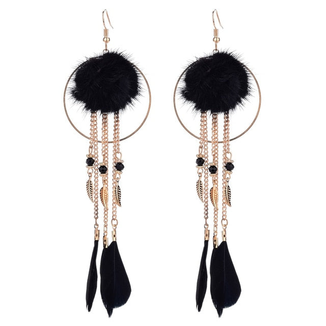 Long Bohemian Style Hanging Drop Leaf Colorful Feather Earrings - the jewellery house