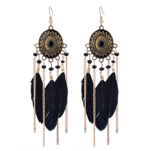 Long Bohemian Style Hanging Drop Leaf Colorful Feather Earrings - the jewellery house