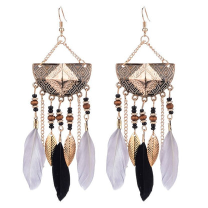 Long Bohemian Style Hanging Drop Leaf Colorful Feather Earrings - the jewellery house