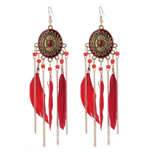 Long Bohemian Style Hanging Drop Leaf Colorful Feather Earrings - the jewellery house