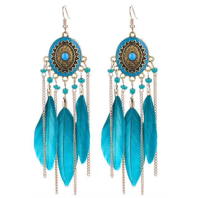 Long Bohemian Style Hanging Drop Leaf Colorful Feather Earrings - the jewellery house