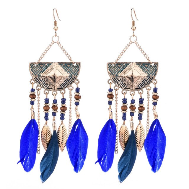 Long Bohemian Style Hanging Drop Leaf Colorful Feather Earrings - the jewellery house