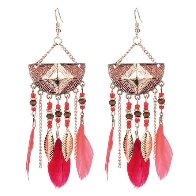 Long Bohemian Style Hanging Drop Leaf Colorful Feather Earrings - the jewellery house