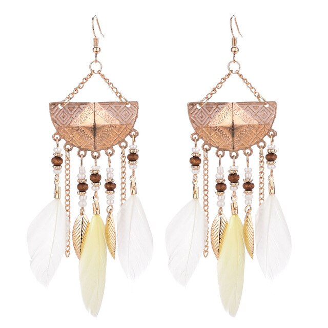 Long Bohemian Style Hanging Drop Leaf Colorful Feather Earrings - the jewellery house