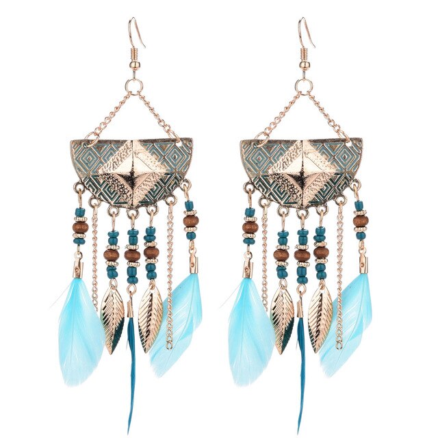 Long Bohemian Style Hanging Drop Leaf Colorful Feather Earrings - the jewellery house