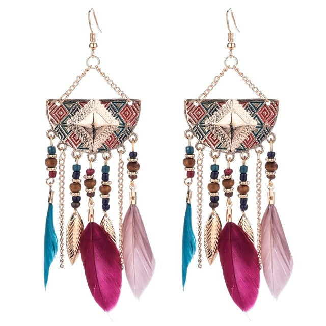 Long Bohemian Style Hanging Drop Leaf Colorful Feather Earrings - the jewellery house