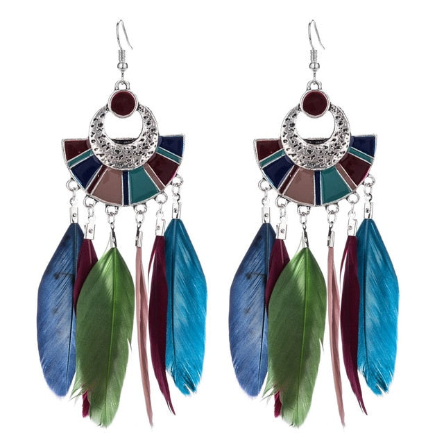 Long Bohemian Style Hanging Drop Leaf Colorful Feather Earrings - the jewellery house