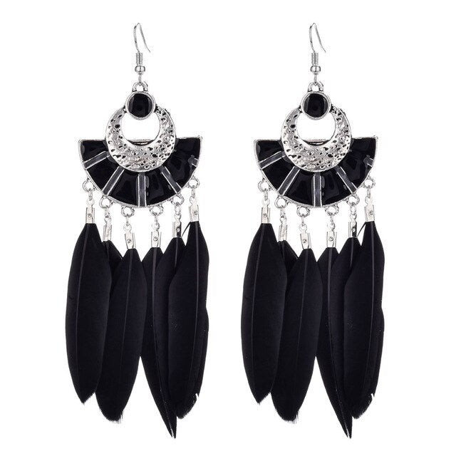 Long Bohemian Style Hanging Drop Leaf Colorful Feather Earrings - the jewellery house