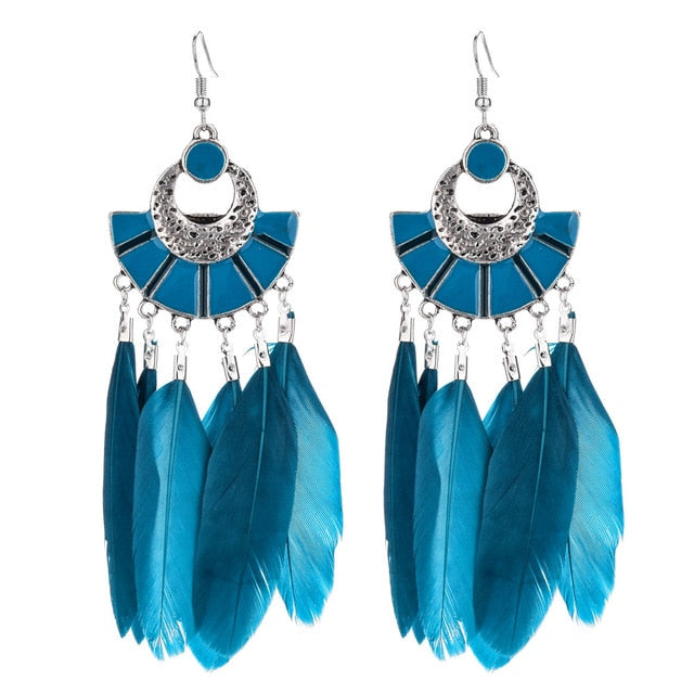 Long Bohemian Style Hanging Drop Leaf Colorful Feather Earrings - the jewellery house