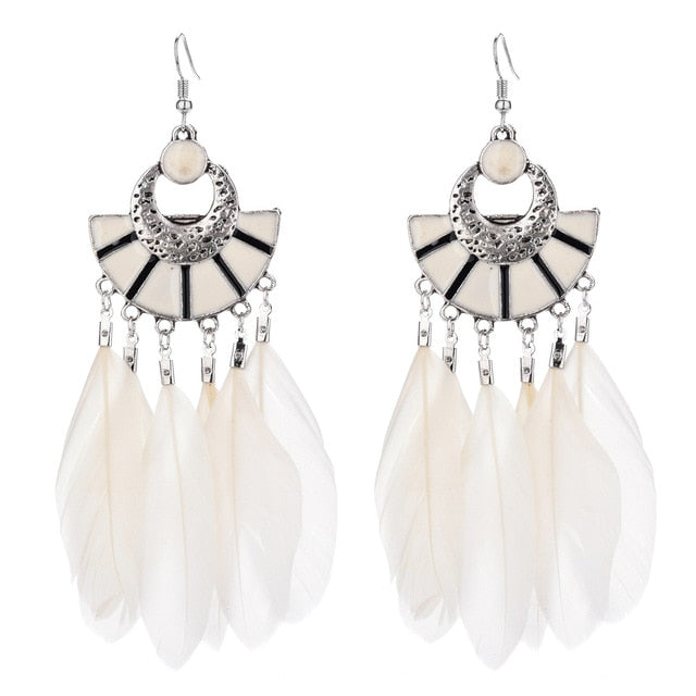 Long Bohemian Style Hanging Drop Leaf Colorful Feather Earrings - the jewellery house