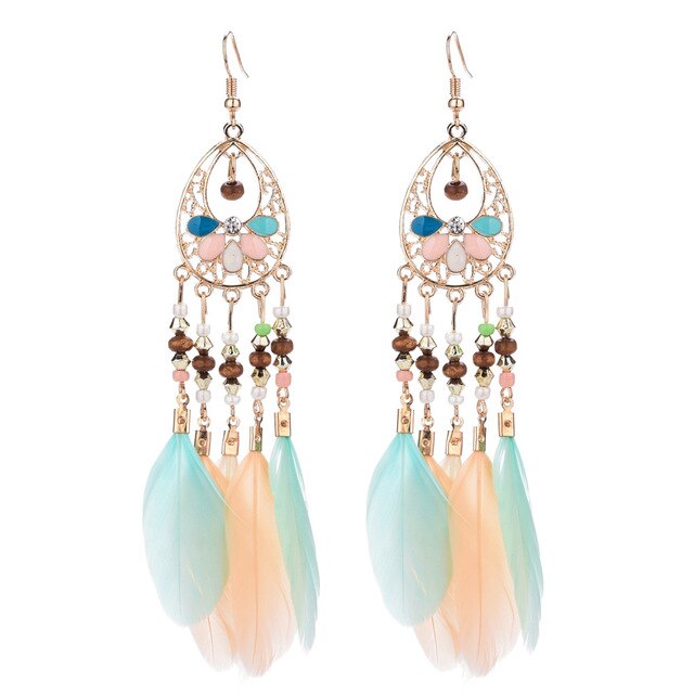 Long Bohemian Style Hanging Drop Leaf Colorful Feather Earrings - the jewellery house